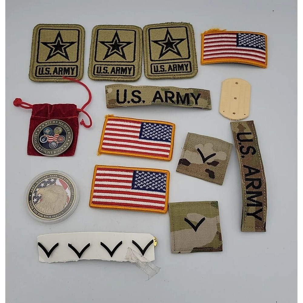 US Army Challenge Coins Pins and Patches Militaria Lot OCP Flag Rank Insignia